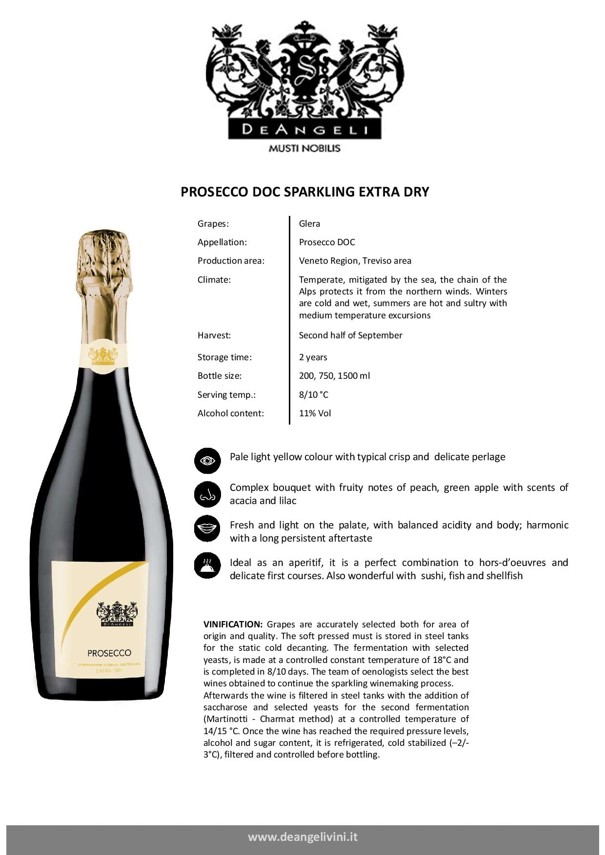 Vin Prosecco DOC Extra Dry DeAngeli, 11% Alc., 0.75 L